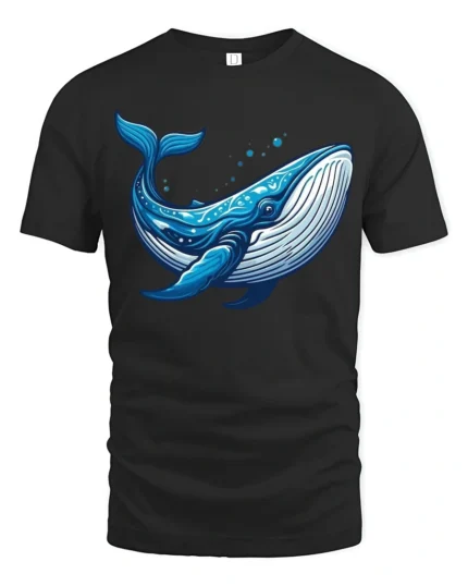 Majestic Blue Whale Ocean Marine Life Artistic Graphic Tee - black t-shirt on white background
