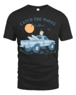 Catch The Waves Surf Truck Beach Adventure Vintage Graphic Tee - black t-shirt on white background
