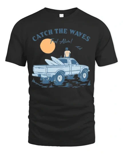 Catch The Waves Surf Truck Beach Adventure Vintage Graphic Tee - black t-shirt on white background