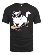 Cool Skateboarding Cat Funny Sunglasses Cartoon Graphic Tee - black t-shirt on white background