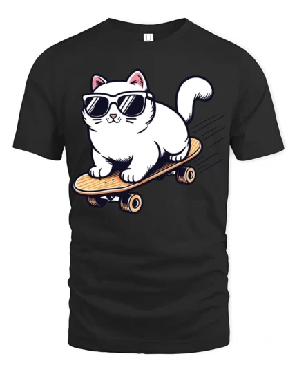 Cool Skateboarding Cat Funny Sunglasses Cartoon Graphic Tee - black t-shirt on white background