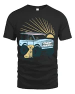 Surf Truck Sunset Dog Beach Adventure Retro Graphic Tee - black t-shirt on white background