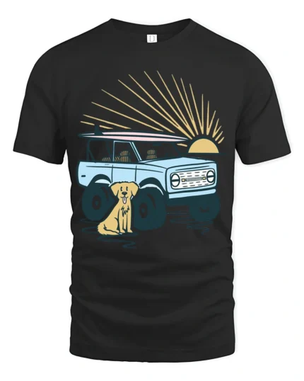 Surf Truck Sunset Dog Beach Adventure Retro Graphic Tee - black t-shirt on white background