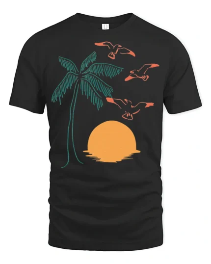 Retro Palm Tree Sunset Birds Coastal Beach Graphic Tee - black t-shirt on white background