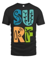 Colorful Surf Typography Beach Summer Retro Graphic Tee - black t-shirt on white background