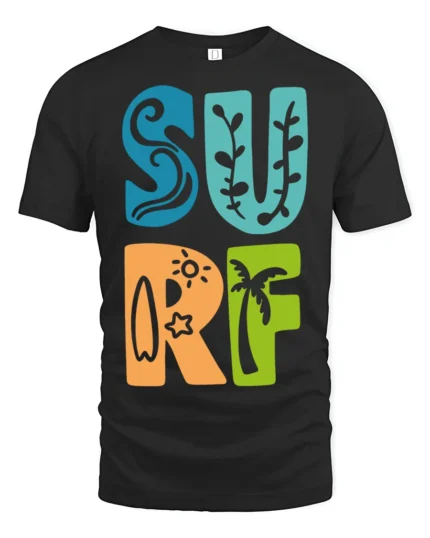 Colorful Surf Typography Beach Summer Retro Graphic Tee - black t-shirt on white background
