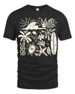 Retro Beach Icons Ocean Summer Coastal Graphic Tee - black t-shirt on white background
