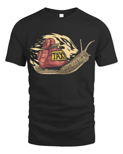 Funny Slow Taxi Snail Humor Cartoon Graphic Tee - black t-shirt on white background