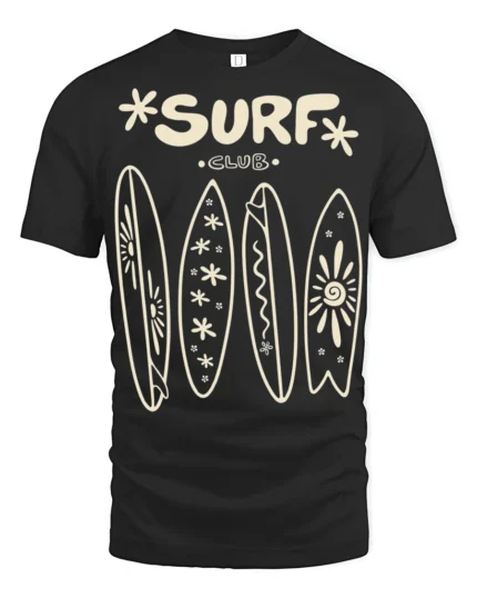 Surf Club Retro Surfboards Beach Lifestyle Graphic Tee - black t-shirt on white background