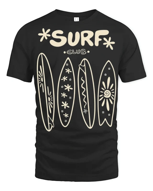Surf Club Retro Surfboards Beach Lifestyle Graphic Tee - black t-shirt on white background