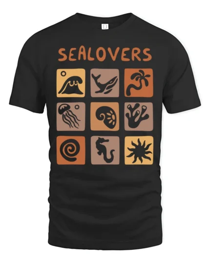 Sea Lovers Retro Ocean Creatures Aesthetic Graphic Tee - black t-shirt on white background