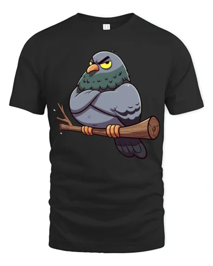 Grumpy Pigeon Funny Attitude Cartoon Bird Graphic Tee - black t-shirt on white background