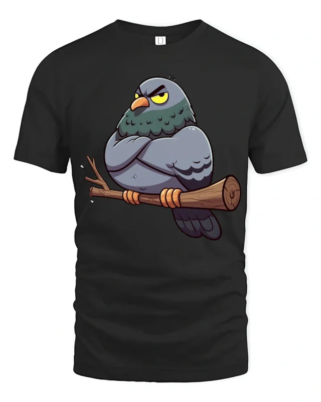 Grumpy Pigeon Funny Attitude Cartoon Bird Graphic Tee - black t-shirt on white background