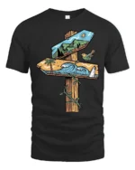 Nature Direction Sign Adventure Beach Mountain Graphic Tee - black t-shirt on white background