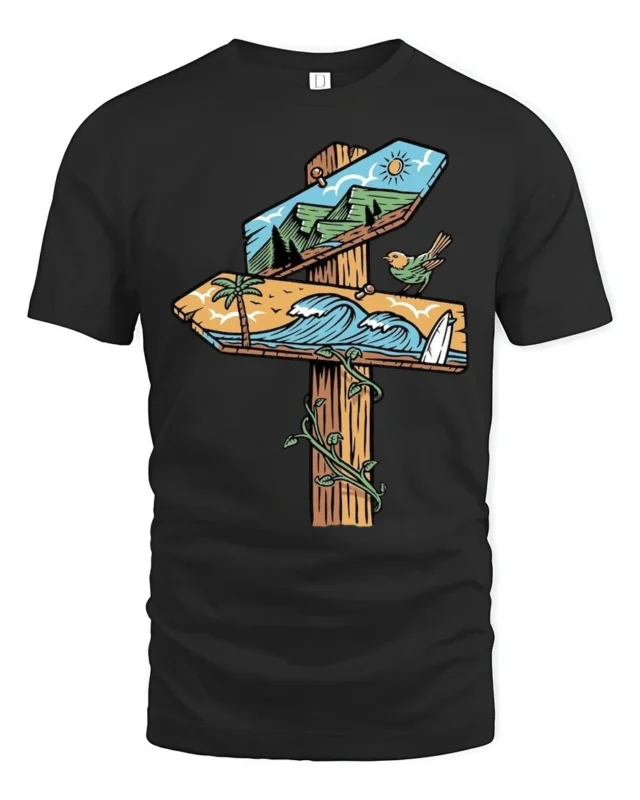 Nature Direction Sign Adventure Beach Mountain Graphic Tee - black t-shirt on white background