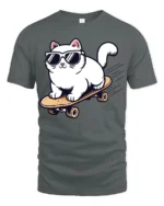 Cool Skateboarding Cat Funny Sunglasses Cartoon Graphic Tee - gray t-shirt on white background