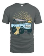 Surf Truck Sunset Dog Beach Adventure Retro Graphic Tee - gray t-shirt on white background