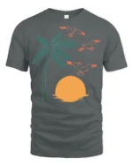Retro Palm Tree Sunset Birds Coastal Beach Graphic Tee - gray t-shirt on white background
