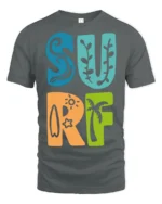 Colorful Surf Typography Beach Summer Retro Graphic Tee - gray t-shirt on white background