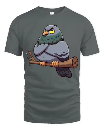 Grumpy Pigeon Funny Attitude Cartoon Bird Graphic Tee - gray t-shirt on white background
