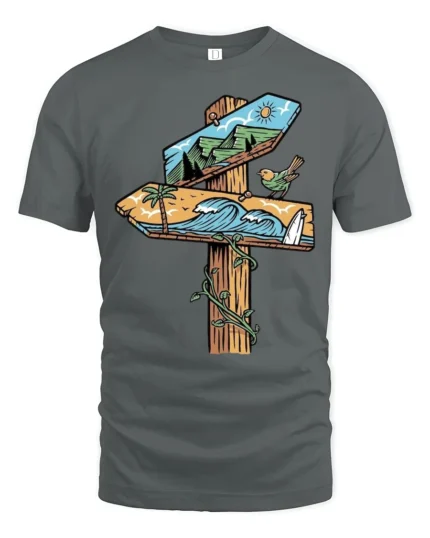 Nature Direction Sign Adventure Beach Mountain Graphic Tee - gray t-shirt on white background