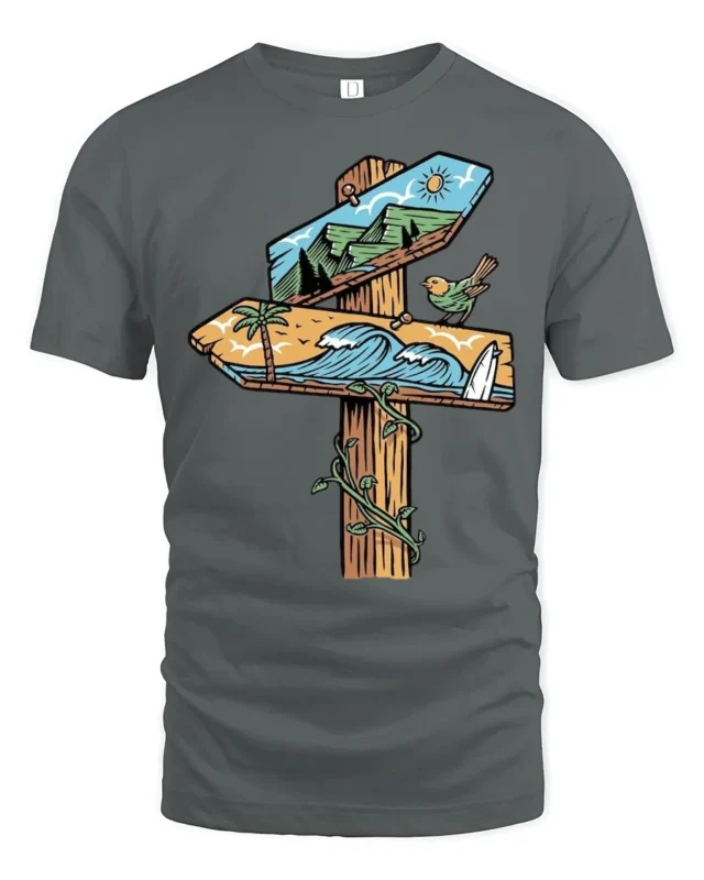 Nature Direction Sign Adventure Beach Mountain Graphic Tee - gray t-shirt on white background