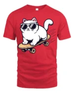 Cool Skateboarding Cat Funny Sunglasses Cartoon Graphic Tee - red t-shirt on white background