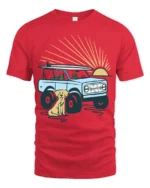 Surf Truck Sunset Dog Beach Adventure Retro Graphic Tee - red t-shirt on white background