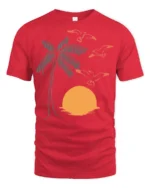 Retro Palm Tree Sunset Birds Coastal Beach Graphic Tee - red t-shirt on white background