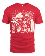 Retro Beach Icons Ocean Summer Coastal Graphic Tee - red t-shirt on white background