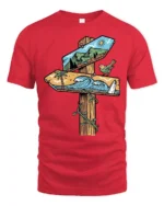 Nature Direction Sign Adventure Beach Mountain Graphic Tee - red t-shirt on white background