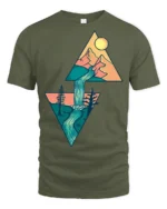 Geometric Mountain Waterfall Nature Adventure Graphic Tee - military green t-shirt on white background