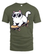 Cool Skateboarding Cat Funny Sunglasses Cartoon Graphic Tee - military green t-shirt on white background