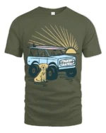 Surf Truck Sunset Dog Beach Adventure Retro Graphic Tee - military green t-shirt on white background