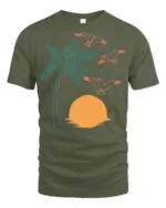 Retro Palm Tree Sunset Birds Coastal Beach Graphic Tee - military green t-shirt on white background