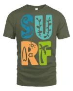 Colorful Surf Typography Beach Summer Retro Graphic Tee - military green t-shirt on white background