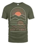 Keep It Simple Retro Sunset Van Life Minimalist Graphic Tee - military green t-shirt on white background