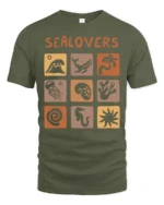 Sea Lovers Retro Ocean Creatures Aesthetic Graphic Tee - military green t-shirt on white background