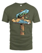 Nature Direction Sign Adventure Beach Mountain Graphic Tee - military green t-shirt on white background