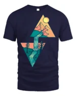 Geometric Mountain Waterfall Nature Adventure Graphic Tee - navy t-shirt on white background