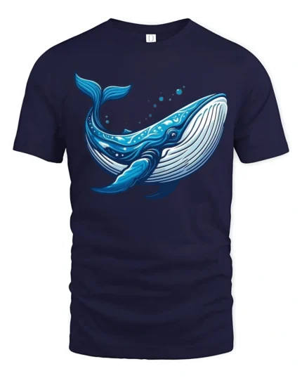 Majestic Blue Whale Ocean Marine Life Artistic Graphic Tee - navy t-shirt on white background