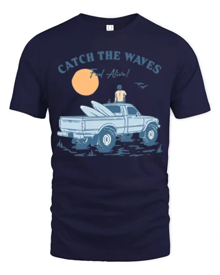 Catch The Waves Surf Truck Beach Adventure Vintage Graphic Tee - navy t-shirt on white background