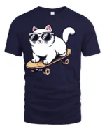 Cool Skateboarding Cat Funny Sunglasses Cartoon Graphic Tee - navy t-shirt on white background