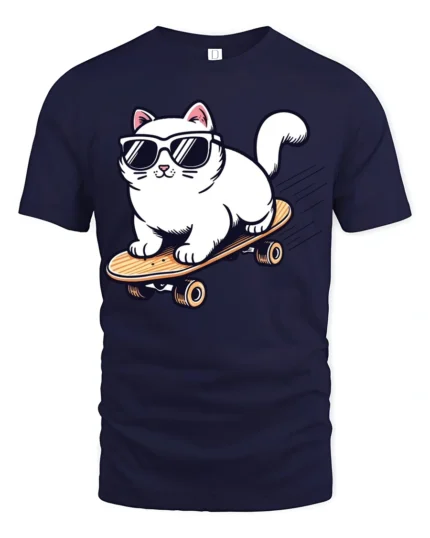 Cool Skateboarding Cat Funny Sunglasses Cartoon Graphic Tee - navy t-shirt on white background