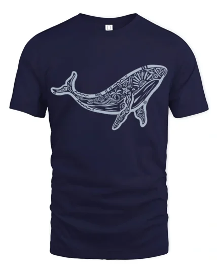 Artistic Tribal Whale Ocean Nature Inspired Graphic Tee - navy t-shirt on white background