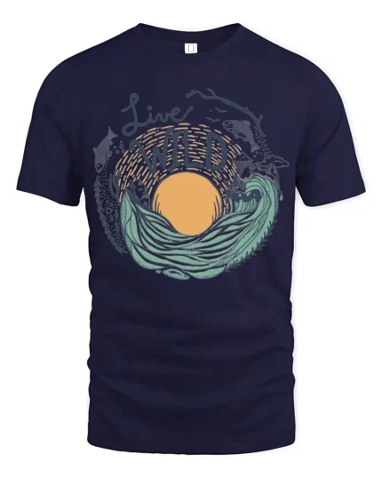 Live Wild Ocean Wave Nature Adventure Artistic Graphic Tee - navy t-shirt on white background