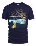 Surf Truck Sunset Dog Beach Adventure Retro Graphic Tee - navy t-shirt on white background