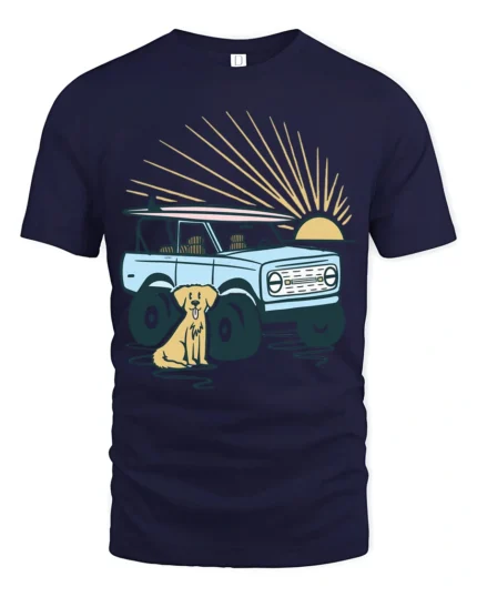 Surf Truck Sunset Dog Beach Adventure Retro Graphic Tee - navy t-shirt on white background