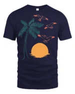 Retro Palm Tree Sunset Birds Coastal Beach Graphic Tee - navy t-shirt on white background
