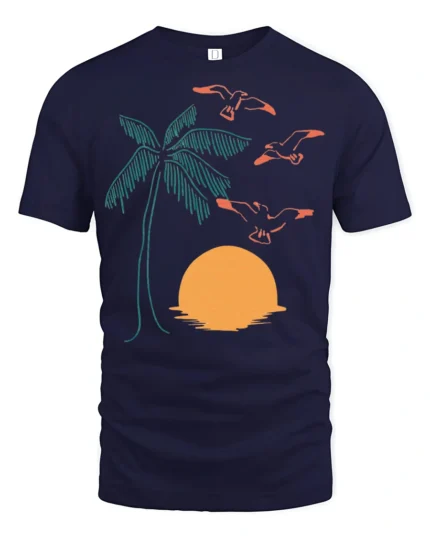 Retro Palm Tree Sunset Birds Coastal Beach Graphic Tee - navy t-shirt on white background